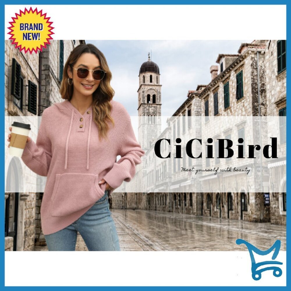 Oversized V-Neck Hoodie Sweater with Pockets, 100% Acrylic, Loose Fit - Picture 7 of 8